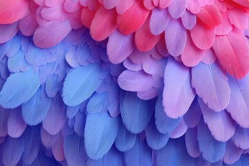 Poster - A vibrant and textured close-up of colorful feathers creating an abstract pattern, showing a gradient from blue to pink and purple feathers, beautiful detailed texture.