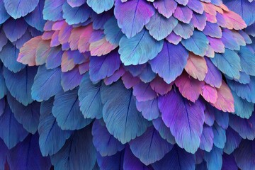 Poster - An abstract, eye-catching pattern of layered feathers with a gradient color scheme, transitioning from shades of blue to purple to pink, creating a dynamic visual texture.