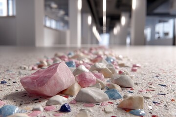 Poster - a close-up shot of colorful gemstone pebbles scattered on a terrazzo surface, creating a textured an