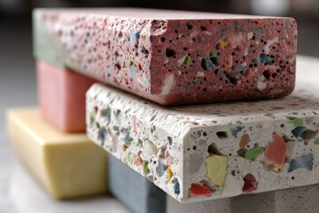 Poster - Close-up of colorful terrazzo blocks stacked together, showcasing a variety of colors, textures and patterns, perfect for architectural and design visualization.