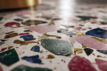 Poster - Close up shot of modern terrazzo flooring pattern with colorful stone fragments and gold accents, reflecting a minimalist aesthetic and textured surface design.