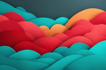 Poster - Abstract background with layered paper art in red, teal, and orange colors, creating a textured and visually appealing wave-like design that is both modern and artistic.