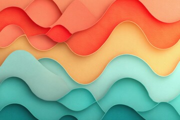 Poster - An abstract colorful paper cut background with orange, peach, yellow and turquoise hues, creating a dynamic layered wave pattern with a textured surface.