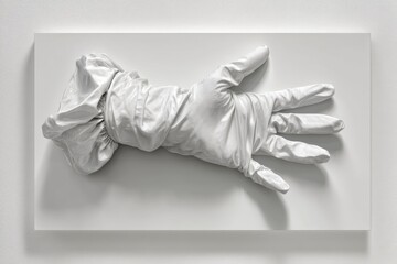 Poster - A three-dimensional art installation of a gloved hand on a white background, creating a modern and minimalist aesthetic with shadows and detailed textures, highlighting the artistic expression.