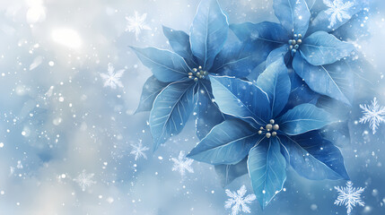 Wall Mural - blue poinsettia flowers bloom amidst falling snowflakes and soft, misty light. perfect for winter ho