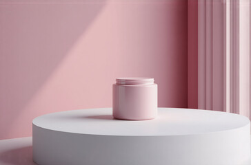 Poster - Soft pink jar on a minimalist white pedestal against a pale pink wall, bathed in sunlight.  A clean, elegant product display.
