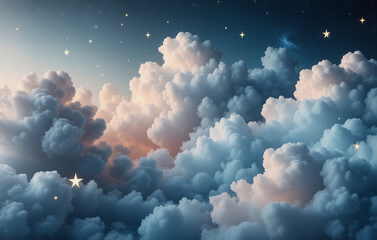 Wall Mural - a dreamy night sky filled with fluffy white clouds illuminated by soft light. stars twinkle above th
