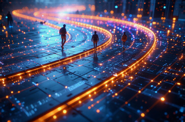 Poster - silhouetted figures walk along glowing, curved pathways in a futuristic cityscape. the scene is vibr