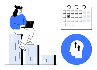 Poster - woman seated on bar chart with laptop beside a calendar and focus head icon. ideal for productivity,
