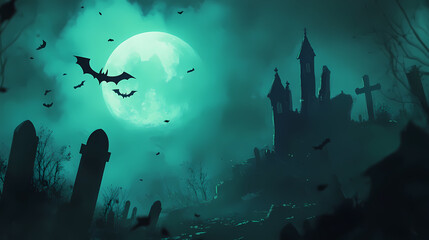 Wall Mural - Eerie undead emerging from desolate graveyard under full moon with bats halloween background. Phantom Rise. Illustration