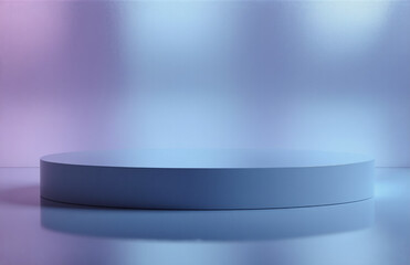 Poster - Minimalist round podium on reflective surface with soft purple and blue gradient backdrop. Ideal for product display and presentations.