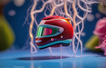 Aufkleber - Here's a description and keyword set:

A vibrant, stylized red helmet floats above a textured blue surface with floral-like embellishments. Hints of nature and artistry are present in this imaginative