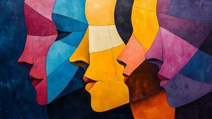 Poster - A vibrant abstract painting showcasing four colorful faces, rendered in a cubist style. The artwork explores themes of identity and diversity through bold geometric shapes and rich color palettes.
