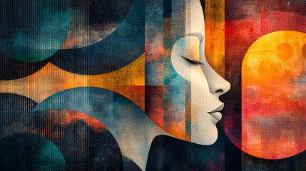 Aufkleber - stylized human profile merges with an abstract geometric background. striking colors evoke introspec