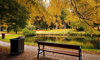 Wall Mural - autumn park scene with bench under vibrant yellow and orange foliage