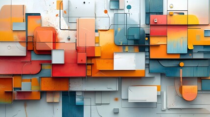Poster - Dynamic abstract art featuring layered geometric shapes in vibrant colors. Textured surfaces and sharp lines create depth and visual interest. A modern, eye-catching Abstract Medical Background.