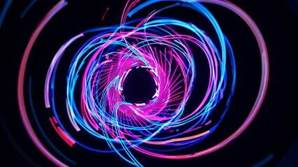 Poster - Pink and blue neon light trails create a dynamic vortex, spinning and evolving against a black backdrop, forming an abstract visual representation of energy flow