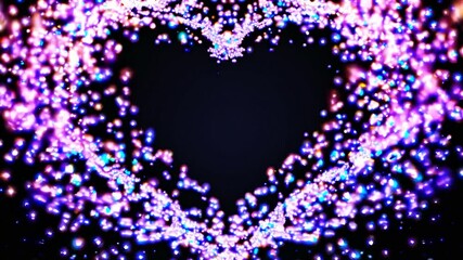 Poster - Luminous purple and blue particles dynamically swirling, generating glowing heart-shaped formation radiating romantic energy against deep dark backdrop