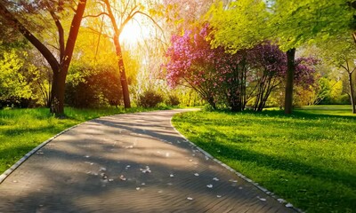 Wall Mural - serene park pathway lined with trees in bloom during spring sunset