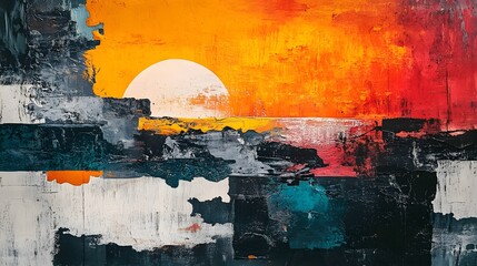 Aufkleber - Vibrant abstract painting evokes a serene sunset over a dark seascape. Textured brushstrokes create depth and mood, blending warm and cool tones in an evocative scene. Abstract Medical Pain