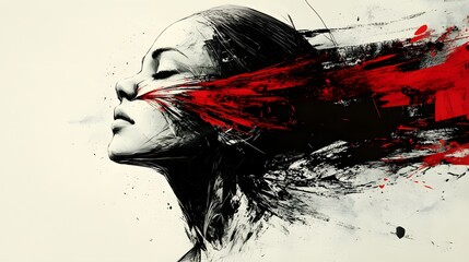 Aufkleber - Abstract portrait of a woman in profile, rendered with white, gray, and black shades. A burst of red paint emanates from her eyes, creating a dynamic and expressive visual. Abstract Medical Pain