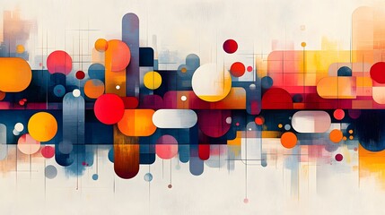 Poster - Vibrant geometric abstraction with overlapping shapes in red, orange, yellow, blue, and white against a textured backdrop. Grid lines add depth. Dynamic and modern design. Abstract Medical Pain.