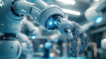 Poster - Futuristic robotic arm reaches out with chrome precision, lit by cool blue. Hints of automation suggest advanced tech. Ideal for science, medical advancements Abstract Medical Pain