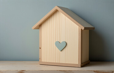 Poster - a small, wooden house with a simple roof and a heart shape accent. it sits on a light-colored surfac