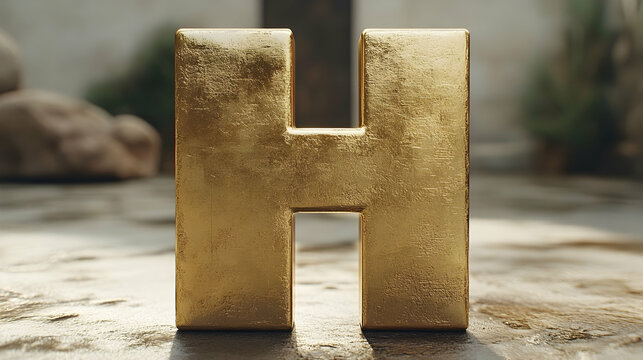 Close up of gold metal letter h strong graphic design element