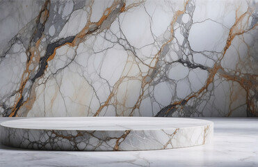 Poster - Elegant marble podium platform against a textured marble wall. Ideal for showcasing products with a refined and modern aesthetic in a bright studio setting.