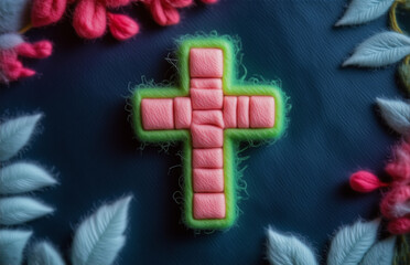 Poster - an image of a fluffy, pink cross surrounded by floral elements, resting on a dark surface. the cross