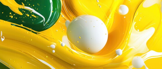 Poster - Abstract background of vibrant yellow and green paint swirls with white spheres, creating a dynamic and modern artistic design Concept of creativity, fluidity, and color explosion