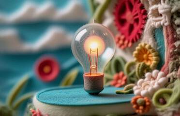 Aufkleber - A glowing lightbulb, centerpiece of a vibrant creation. Surrounded by crafted elements, it sparks inspiration. Soft textures and colors interplay, evoking imagination and ingenuity. This whimsical sce