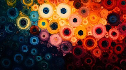 Poster - A vibrant abstract painting featuring textured circles in a spectrum of colors, from cool blues to warm reds, each with a dark center. Dynamic visual with depth. Abstract Medical Pain