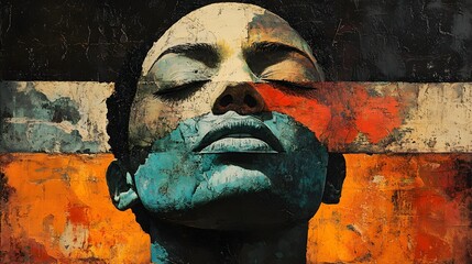 Aufkleber - abstract portrait evokes emotion with fragmented colors. cream, red, and blue-green hues define a wo