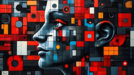 Poster - Abstract mosaic face art featuring bold geometric shapes and a vibrant color palette. A unique blend of figurative and abstract elements creates a captivating experience. Abstract Medical Background