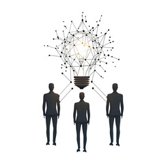 Poster - A minimalist depicting three human figures working together to harness the power of an idea represented by a central lightbulb icon