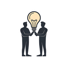 Poster - Two minimalist human silhouettes collaboratively holding a glowing lightbulb symbolizing shared ideas teamwork and creative problem solving