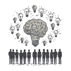 Poster - Silhouettes of a diverse group of people surrounding a stylized brain and lightbulb representing the collaborative exchange of ideas and innovative thinking