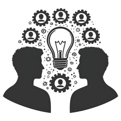 Poster - An depicting the collaborative nature of teamwork innovation and problem solving through interconnected human silhouettes and a central idea lightbulb