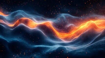 Poster - Wavy abstract with fiery orange peaks contrasting cool blue troughs. Scattered orange dots add texture against the deep blue background. Dynamic and captivating, Abstract Medical Pain.