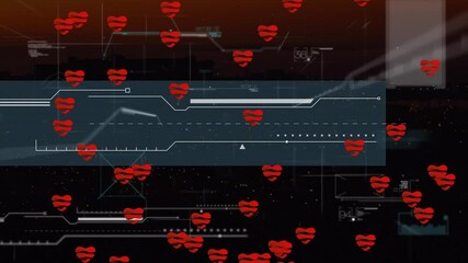 Poster - Translucent blue-gray HUD panel showing white interface lines and red heart icons over city skyline