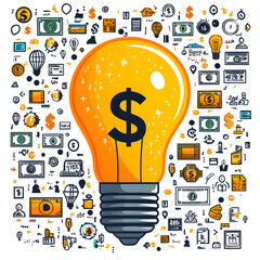 Poster - A simple clean graphic depicting a lightbulb filled with a dollar sign surrounded by various icons representing different aspects of finance business and economic success