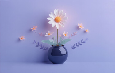 Aufkleber - A stylized daisy and smaller blossoms in a dark sphere vase against a pale purple background.  The 3D render evokes a sense of spring and minimalist design.