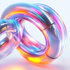 Three Dimensional Abstract Rings with Metallic Shine and Iridescent Colors Against a White Background Creates a Modern Technological Aesthetic