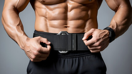 man unbuckling the belt. abdominal muscles and chest. athlete.