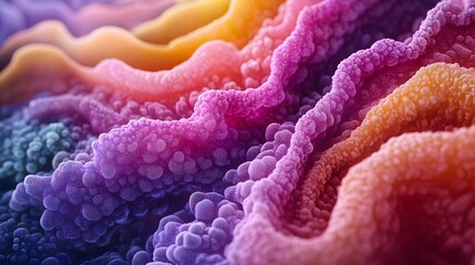Poster - Intriguing close-up of cellular structures with shifting colors. A vibrant, bumpy landscape evokes microscopic life. The texture shows organic bead-like elements. Abstract Medical Pain
