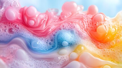 Poster - A mesmerizing blend of vibrant liquids and bubbles cascades in a stunning rainbow effect. Pink and red hues merge into blue, white, and yellow. Viscous texture,Abstract Medical Pain