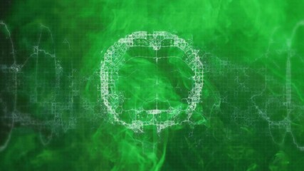 Poster - Animating white pixelated lips waveform floating over swirling green smoke in digital mesh style