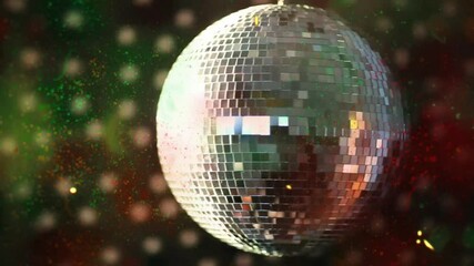 Poster - Spinning mirrored disco ball reflecting colorful light tiles and sparkling haze in 3D party scene